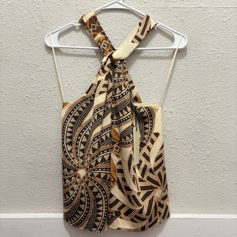 Rachel Zoe Brown and Cream Print Twist Keyhole Neck Tank Top NWT XS